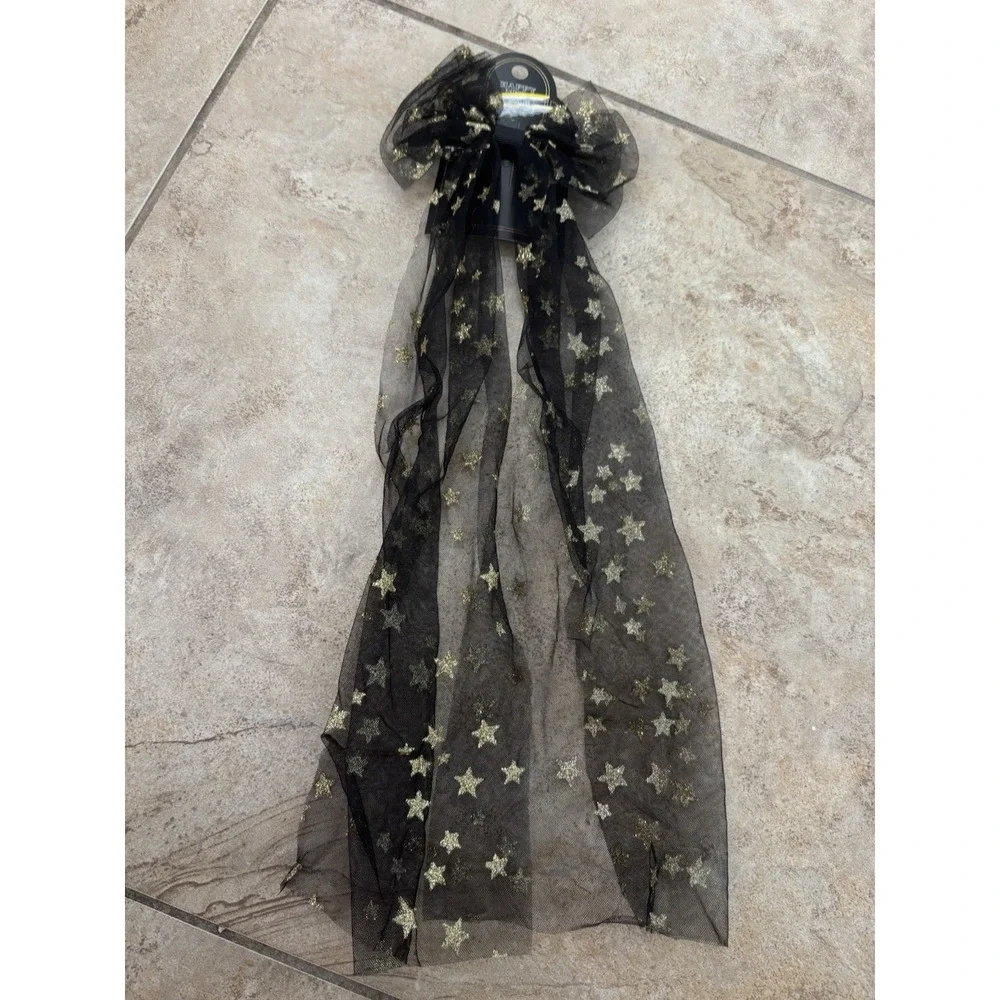 2 Holiday Hair Bow Clips Gold Sequin & Black Tulle Gold Stars Party Set